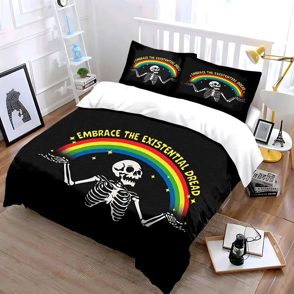 Skeleton Rainbow Art Set Decor Soft Skin-Friendly Bedding Set Includes 1 Duvet Cover And 2 Pillowcase, Gift