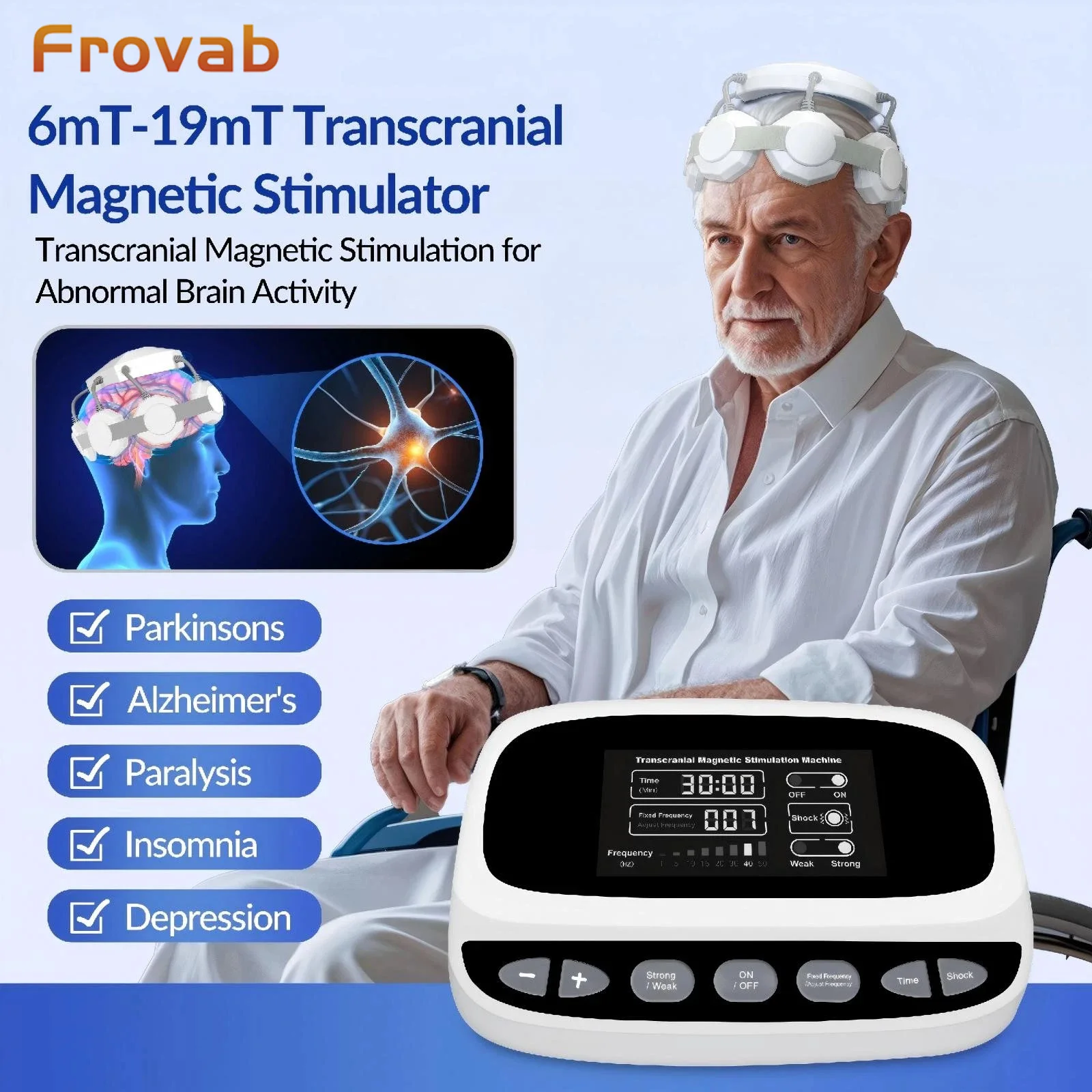 

Устройство для стимуляции мозга Frovab rTMS: улучшение когнитивных функций, повышение памяти, оборудование для неврологической реабилитации при болезни Альцгеймера
