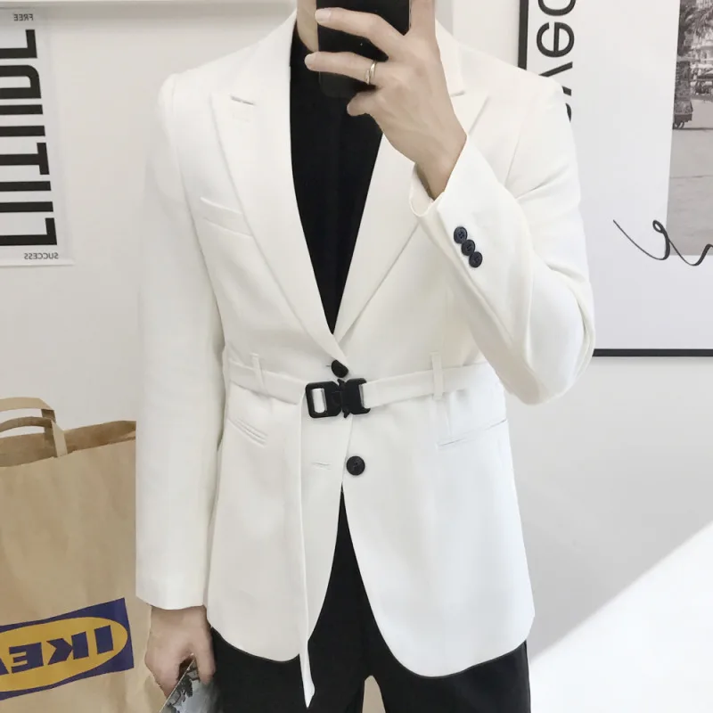 Fall Buckle Belt Single Breasted British Men Solid Color Blazer Homme Wedding Business Dress Social Banquet Tuxedo Costume