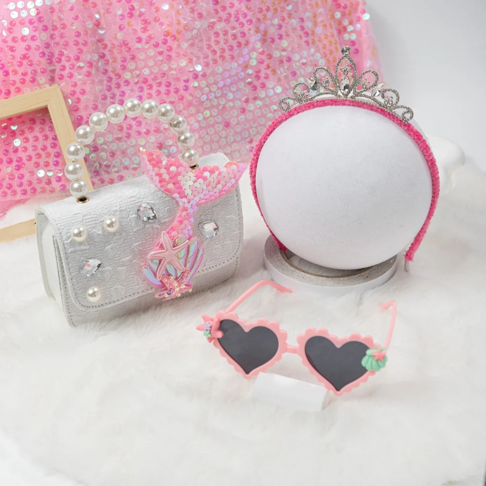 

3Pcs/Set Baby Girl Crown Hair Hoop for Children Crossbody Bags Pearl Purse and Handbag Heart Shaped Glasses Girl Accessories