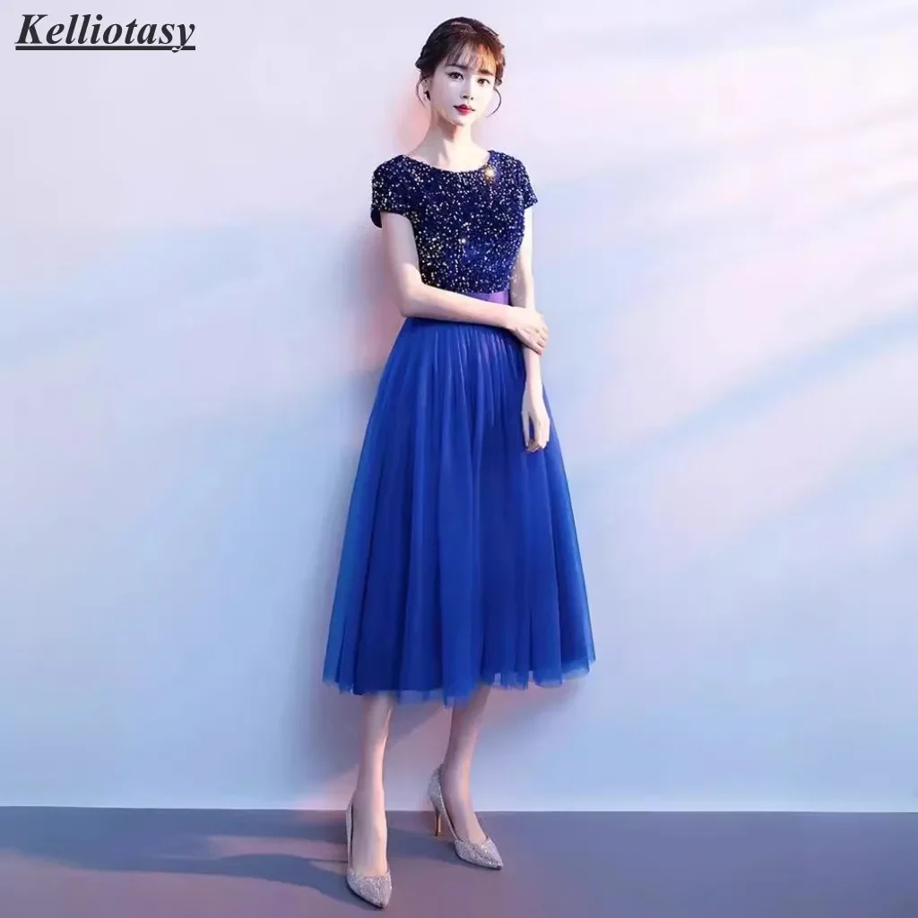 Customized Royal Blue Tea Length Bridesmaid Dresses Short Sleeve Modest Wedding Party Gown For Women