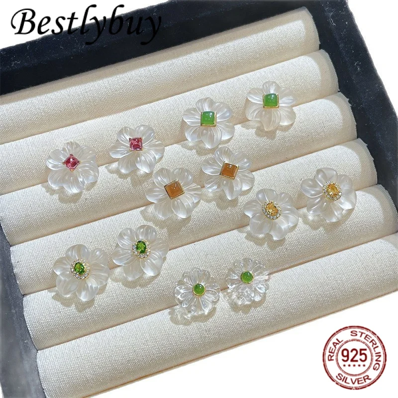 

White Crystal S925 Silver Gold-plated Multi-color Gemstone Camellia Earrings Are exquisite Fashionable And Cute Gifts For Women