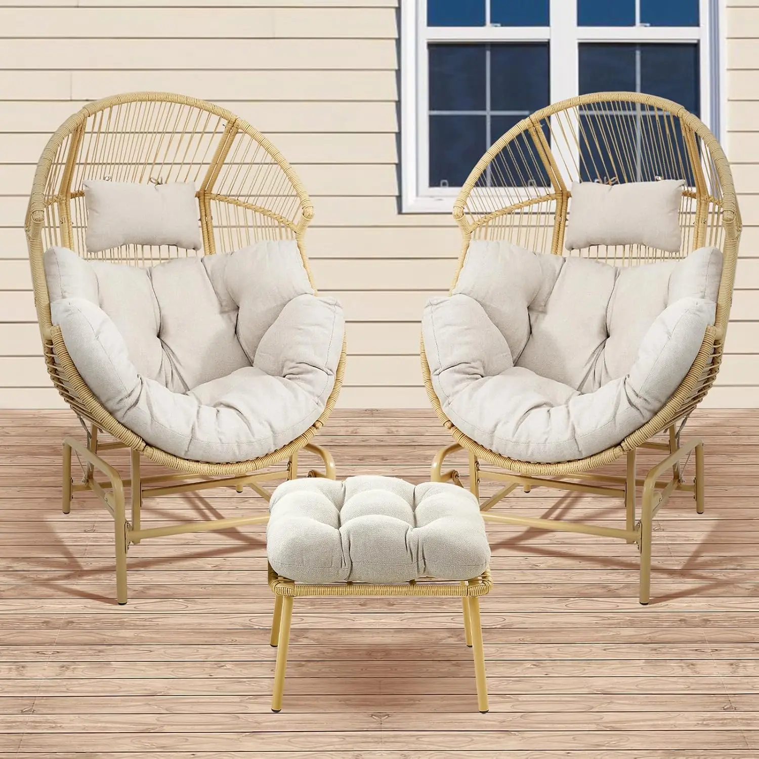 Patio Outdoor Egg Chair Set - 3-Piece Wicker Rocking Glider Set with 2 Egg Chairs and 1 Ottoman for Porch & Backyard