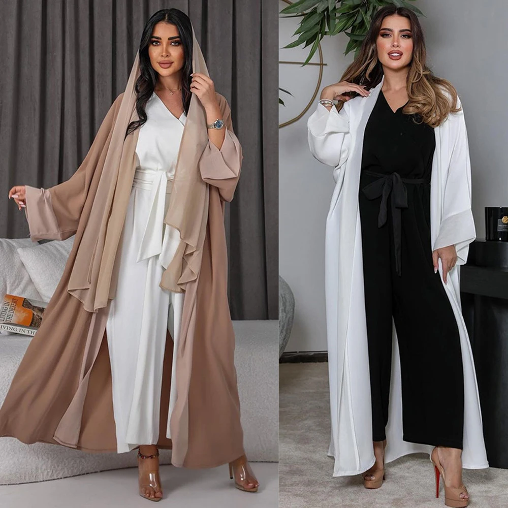 A buon mercato semplice Chiffon golfo donne Abaya caftano bianco Femme abbigliamento estivo musulmano abito islamico aperto davanti Abaya preghiera