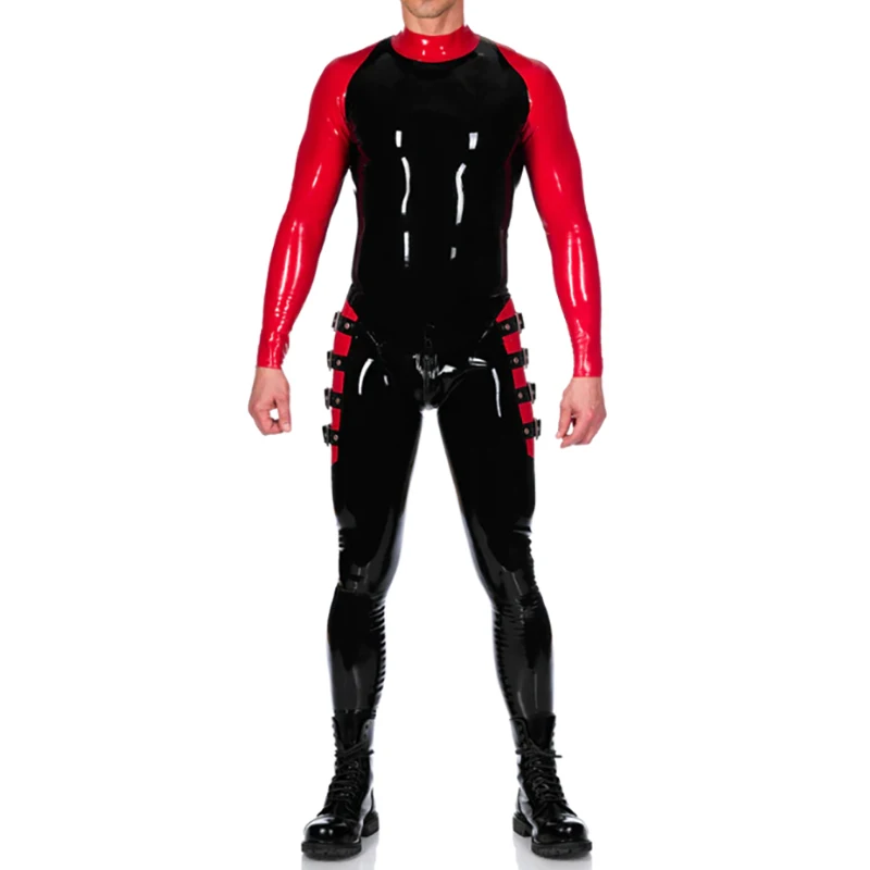 Red And Black Sexy Latex Catsuits With Belts At Two Sides Front Crotch To Back Zipper Rubber Bodysuit Overall Zentai LTY-0377