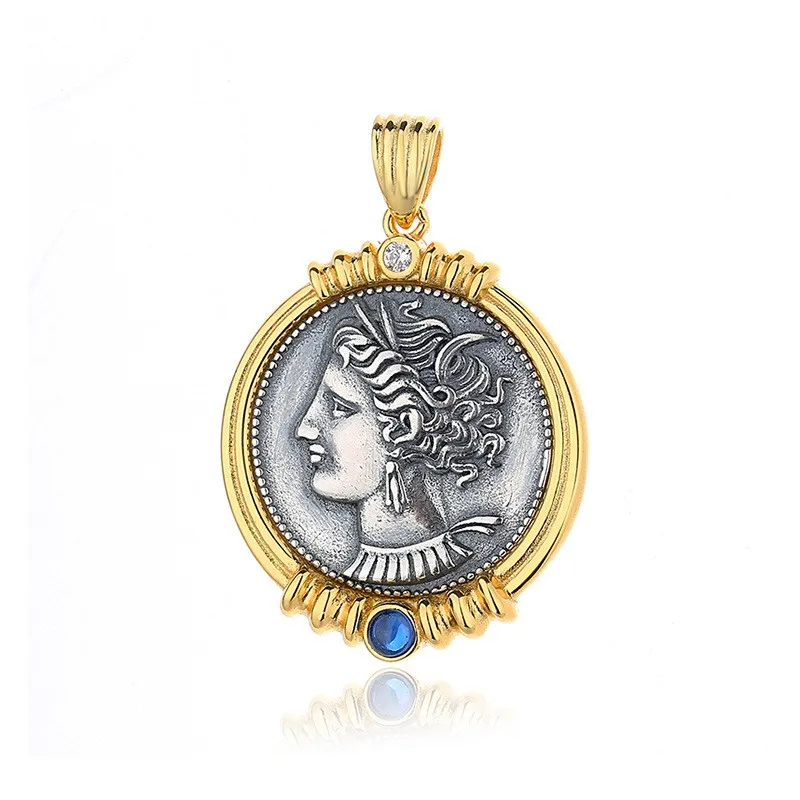 

TNT-1ZFSILVER 925 Silver Fashion Tannette Retro Gold Ancient Coin Necklace Pendant Without Chain Women Wedding Jewelry Girl Gift