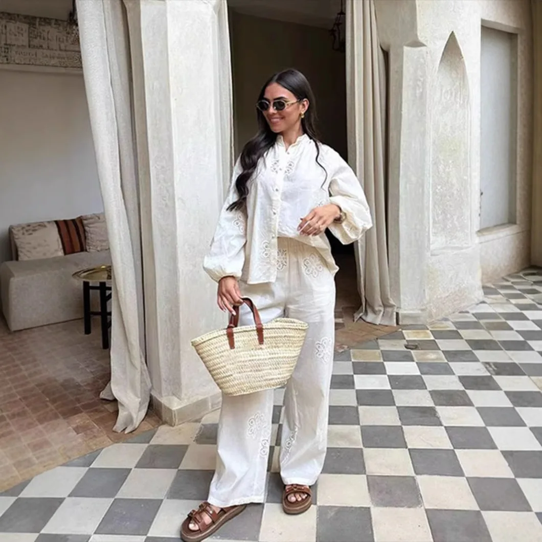 

2025 Spring New Hollow White Lace Embroidered Shirt Fashion High Waist Stretch Trousers Casual Holiday Solid Color Two-Piece Set