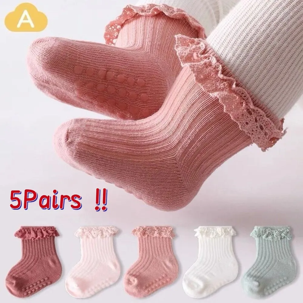 5Pairs الحلو القطن الطفل كشكش الجوارب الدانتيل الوليد الاطفال أنبوب جورب الرضع عدم الانزلاق دارى المشي الجوارب الأولى مشوا