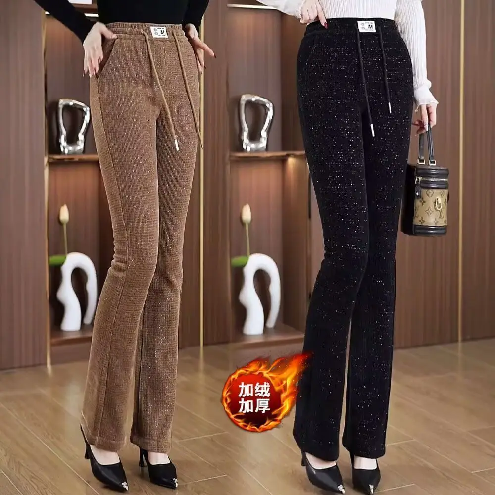 2025 Autumn Winter Women Fleece Flare Trousers Women's Plush Warm Pants Fashion Bling Korean Style Slim-fit Pants Casual Pants
