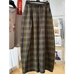 Baggy Pants Women 2026 Summer Thin Vintage Loose Korean Style Wide Leg Trousers Women Plaid Elastic Waisted Casual Lantern Pants
