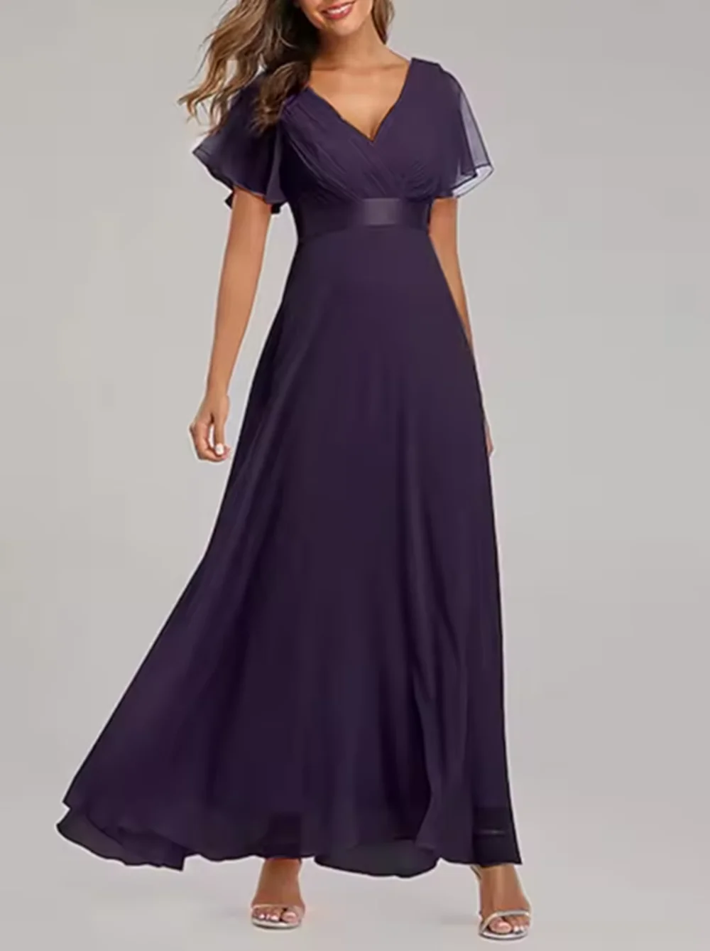 V Neck Short Sleeve Wedding Guest Floor Length Chiffon Bridesmaid Dress Ruched Ruffle Formal Evening Dress 2025 free customized