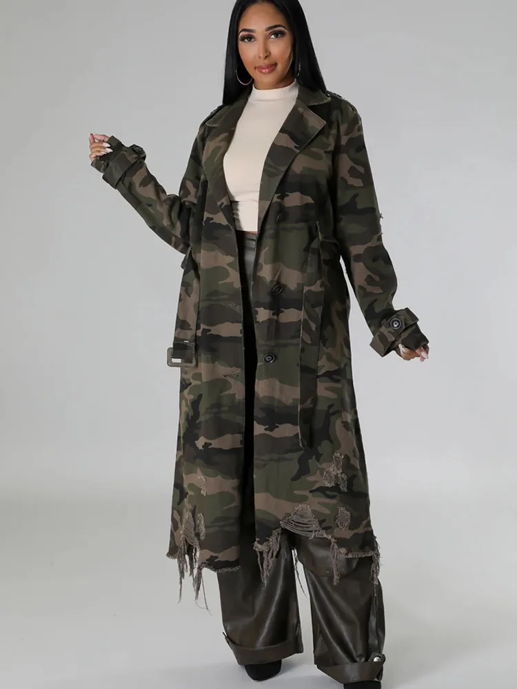 CamSolomon-Manteau long militaire à simple boutonnage pour femme avec ceinture, veste déchirée, vêtements d'automne et d'hiver