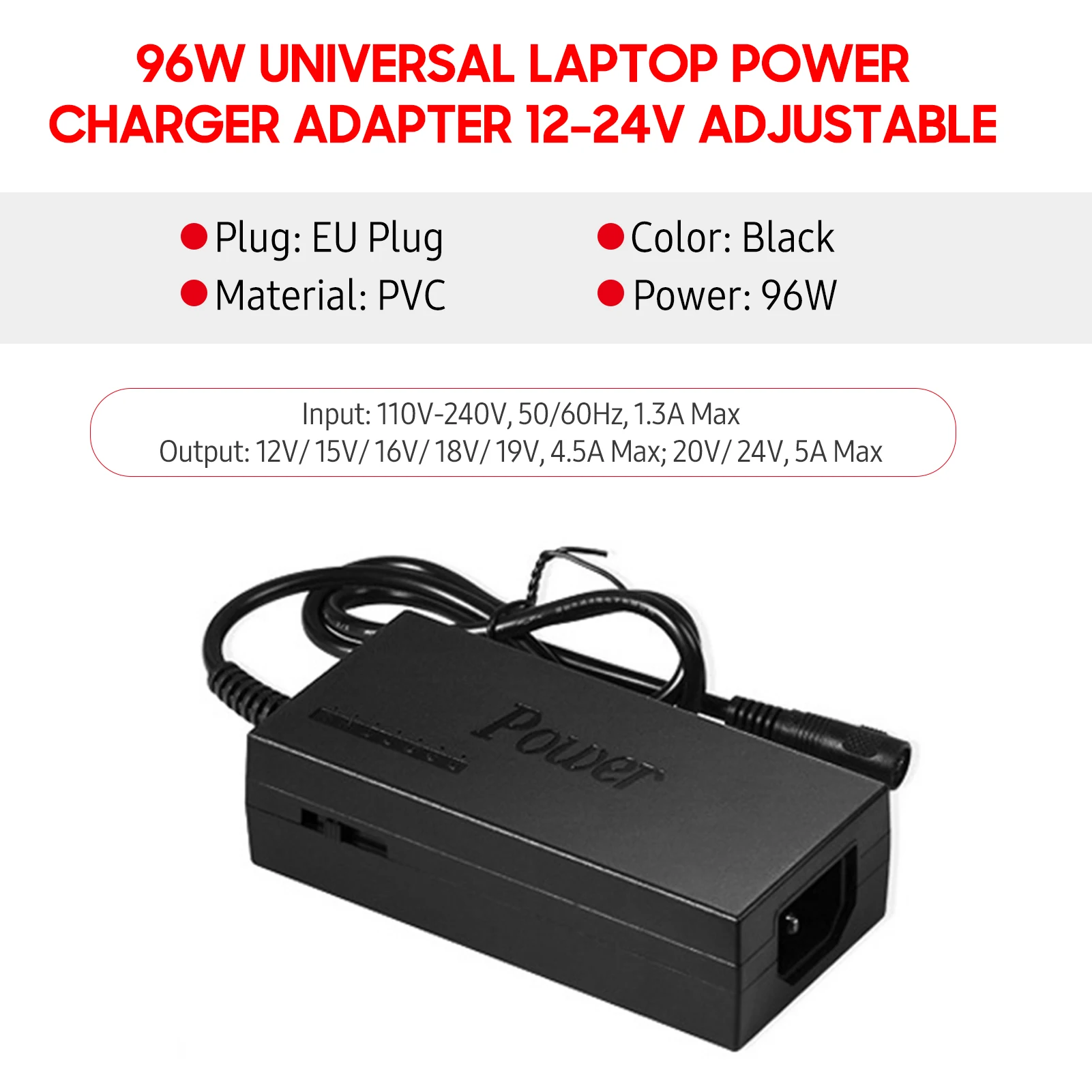 96W Universal Laptop Power Charger AC Adapter with 8 DC Jack Plug Converters 12V to 24V Adjustable Portable Charger EU/US Plug