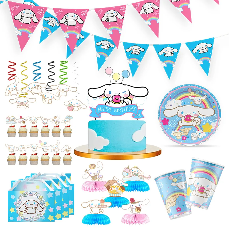 

Disposable TAKARA TOMY Sanrio Cinnamoroll Theme Party Supplies Paper Cup Plate Brooch Stickers Children Birthday Baptism Decor