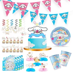 Disposable TAKARA TOMY Sanrio Cinnamoroll Theme Party Supplies Paper Cup Plate Brooch Stickers Children Birthday Baptism Decor