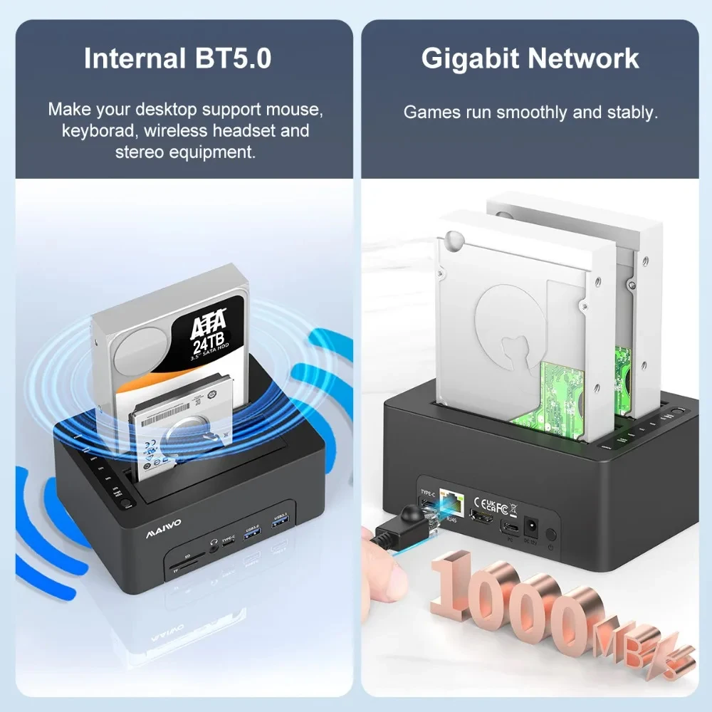 MAIWO Estación de acoplamiento de disco duro USB 3,0 de doble bahía con lector de tarjetas HUB USB para carcasa de clon sin conexión SATA SSD/HDD de 2,5/3,5"