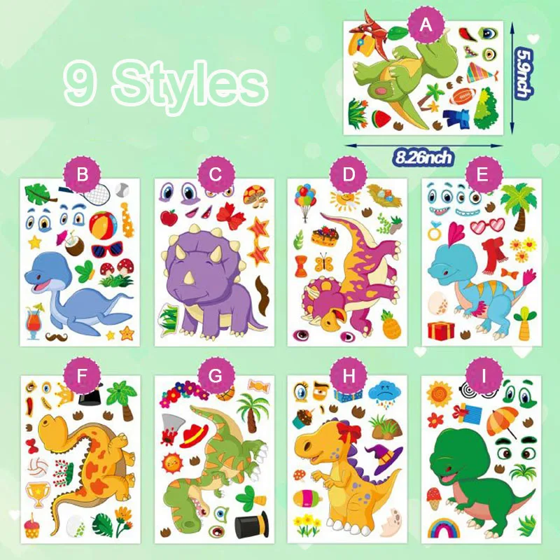 6-27Sheets Kids DIY Make A Dinosaur Face Stickers Party Favor Creative Make Children's Own Dinosaur Stickers Jigsaw Puzzle Toys