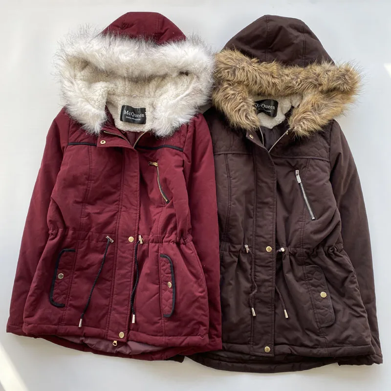 

Autumn Winter Cotton Jaet Hooded Waist-Cinching Thin Medium-Length Additional Cotton Warm Commute Sle Zipper Long Sve