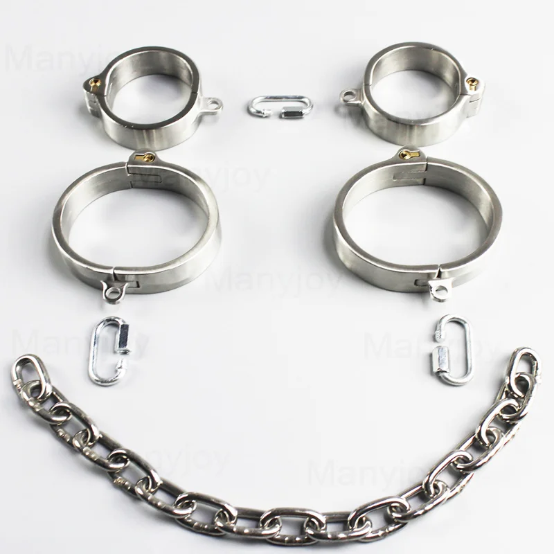 Lockable Slave Handcuffs Ankle Cuffs Collar Stainless Steel Detachable Buckle Chain Ball Helmet Stifle Restraint BDSM Sex Toy