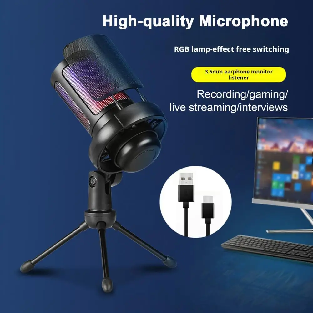 Usb Microphone Rgb Gaming Microphone with Tripod Stand Noise Reduction Gain Control Plug-and-play Usb Mic for Universal Use