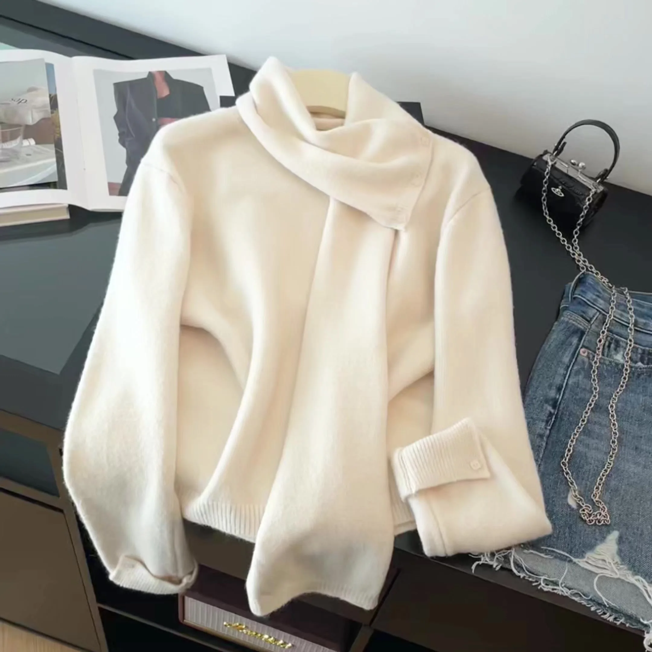 

Women Apricot Knit Pullover Sweater 2000s Vintage Korean Style Oversize Long Sleeves with Scarf Cozy Cashmere Sweater For Women