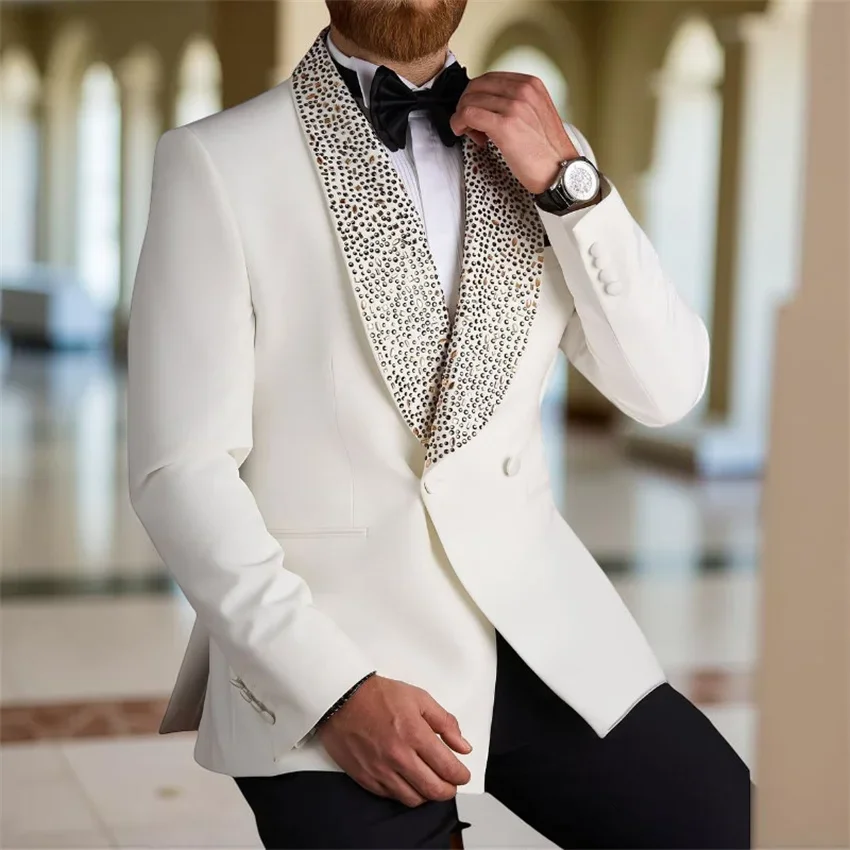 Abiti da sposa di lusso con perline per la festa dello sposo Abiti da uomo slim fit doppiopetto realizzati su misura 2 pezzi Set di moda italiana maschile