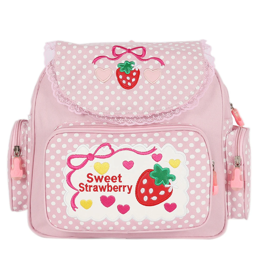 Kawaii Travel Daypack Cute Strawberry Embroidery Travel Rucksack Dots Multi-Pocket Nylon Fashion College for Teenager Girl