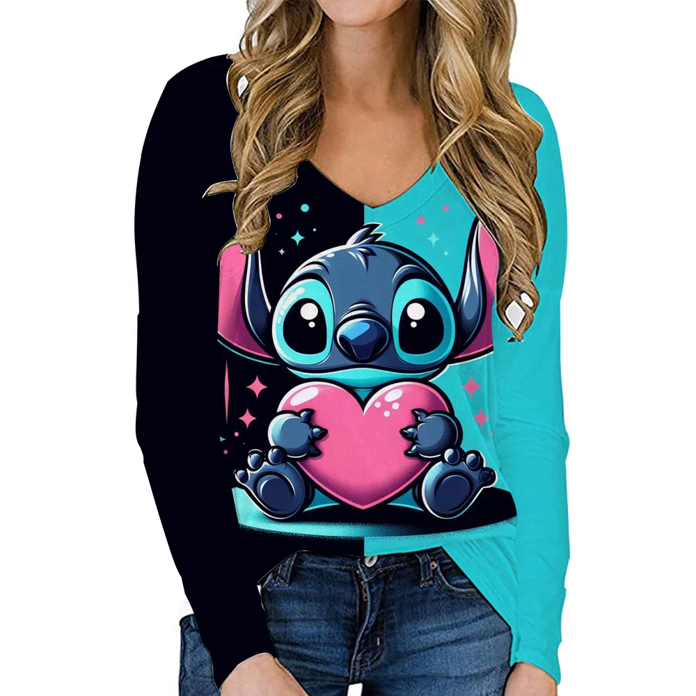 

New Women's V-neck T-shirt Long Sleeve Top Disney Lilo&Stitch Printed Fashion Women's T-shirt Top