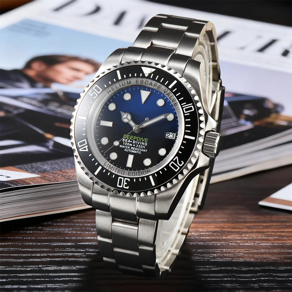 

44mm NH35 Watch Blue&Black NH35 Men Sea Watches Dweller Waterproof Stainless Steel BGW9 Luminous Sapphire Automatic Wristwatches