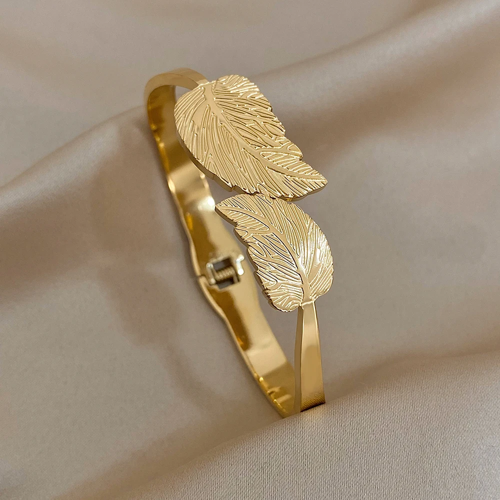 Greatera klobige Blatt Edelstahl Manschette Armband Armreifen für Frauen vergoldete Metall blätter Armbänder wasserdichten Schmuck
