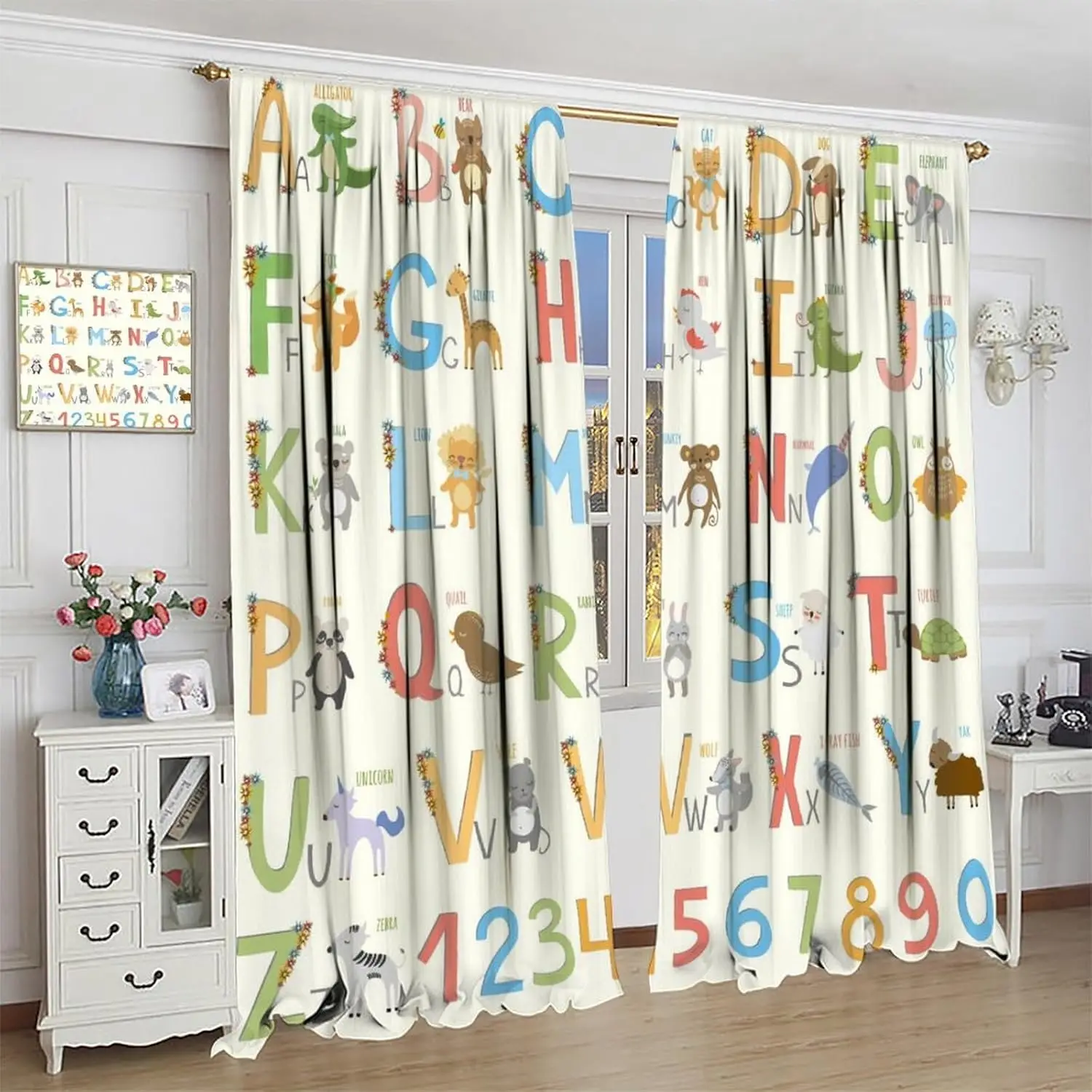 Cartoon Animal Alphabet Curtains Kids Education Cute Zoo ABC Learning Window Treatments for Bedroom Nursery Room Classroom