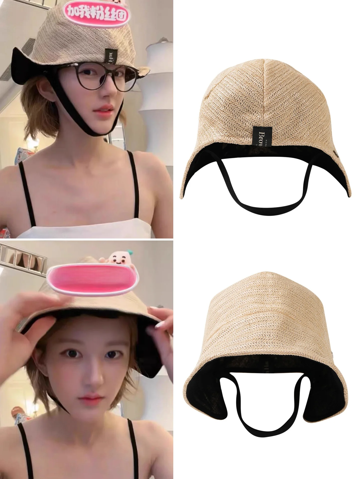 zhaolu-si-straw-woven-fishing-cap-women's-double-sided-wear-sunscreen-hat-summer-face-slimming-wide-brim-round-top-hat