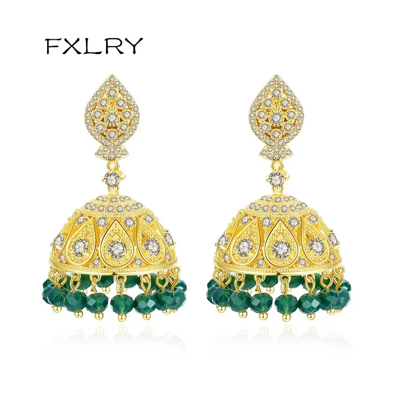 

FXLRY Gorgeous Ethnic Style AAA Zircon Tribal Bell Earrings with Dark Green Breads Drop Earrings for Women Wedding Bridal Jewelr