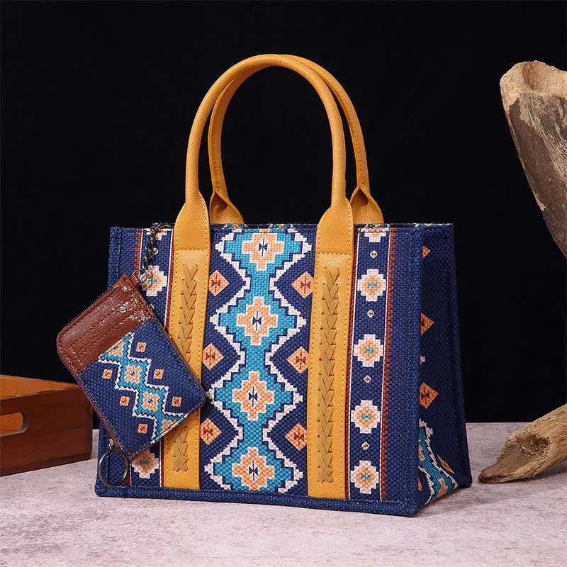 Large Capacity Women Western Cotton Linen Printed Clash Tote Top Handle Satchel Bags Bohemian Shoulder Crossbody Bag with Purse