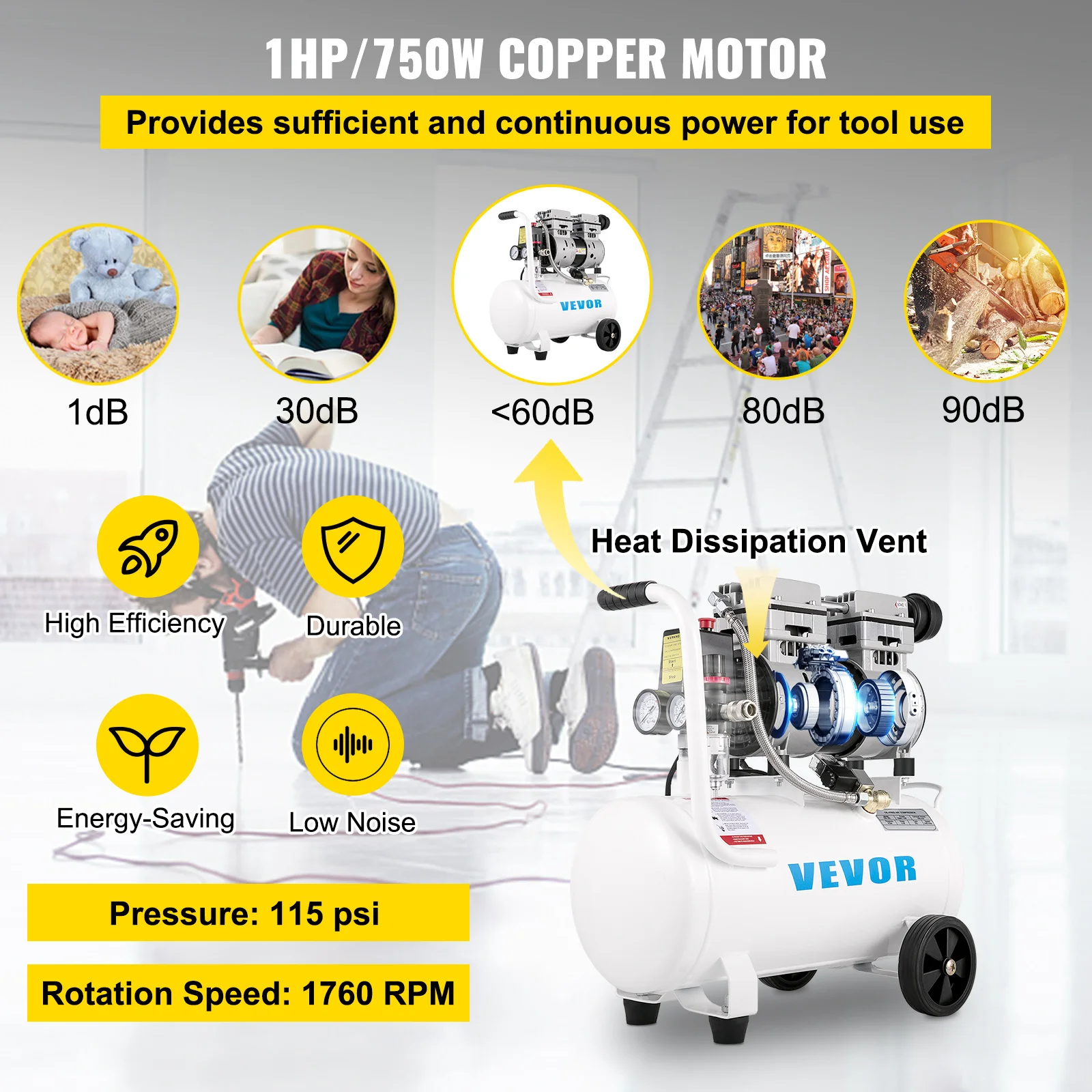 VEVOR Compresor de Aire Ultra Silencioso 25 L Ultra Quiet Air Compressor 750 W Compresor de Aire Silencioso de Tanque Compresor Ultra Silencioso para Reparaciones en el Hogar, Con Accesorios Completos