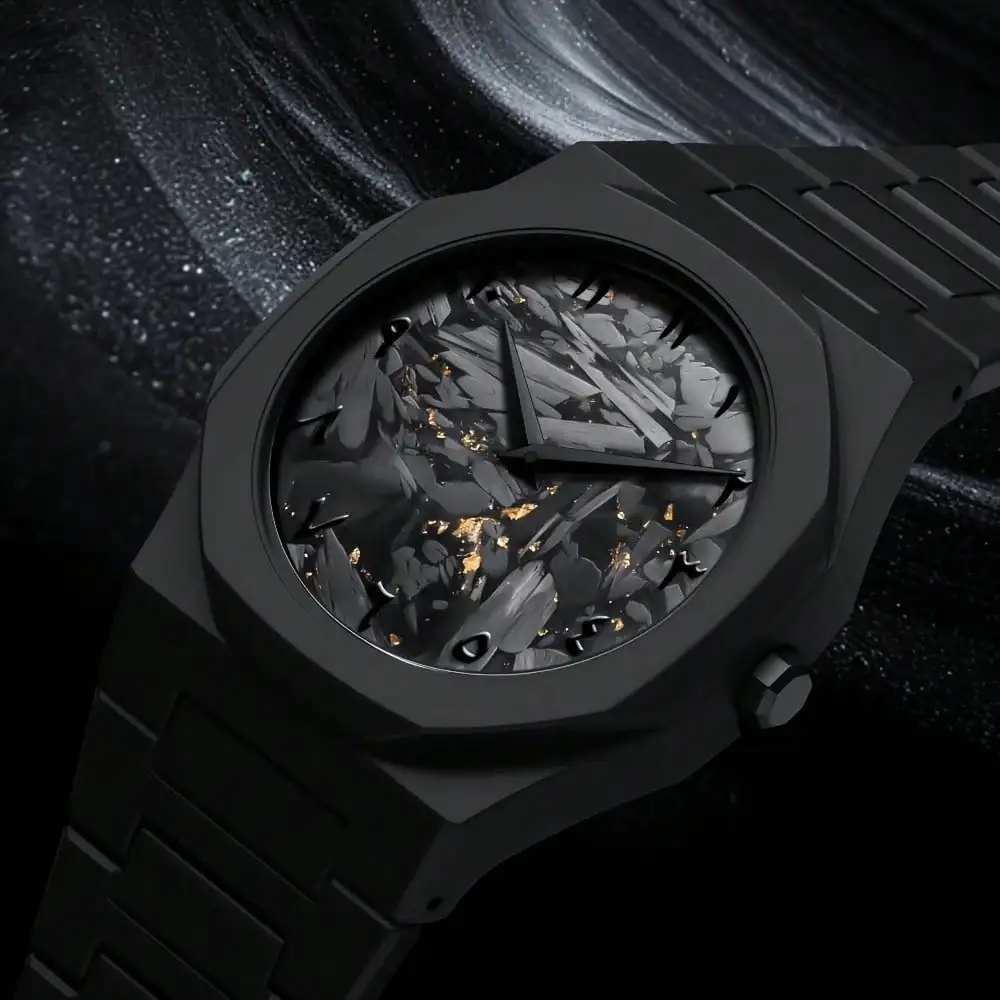 

Мужские черные спортивные кварцевые часы с уникальным дизайном циферблата из разбитого стекла