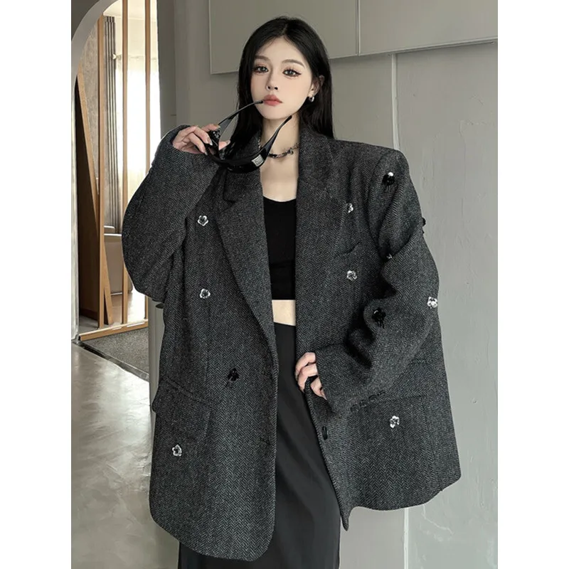 YERMORA Gray Flower Beading Button Casual Blazer For Women Lapel Long Sleeve Loose New Jacket Fashion Tide Spring Autumn 2025