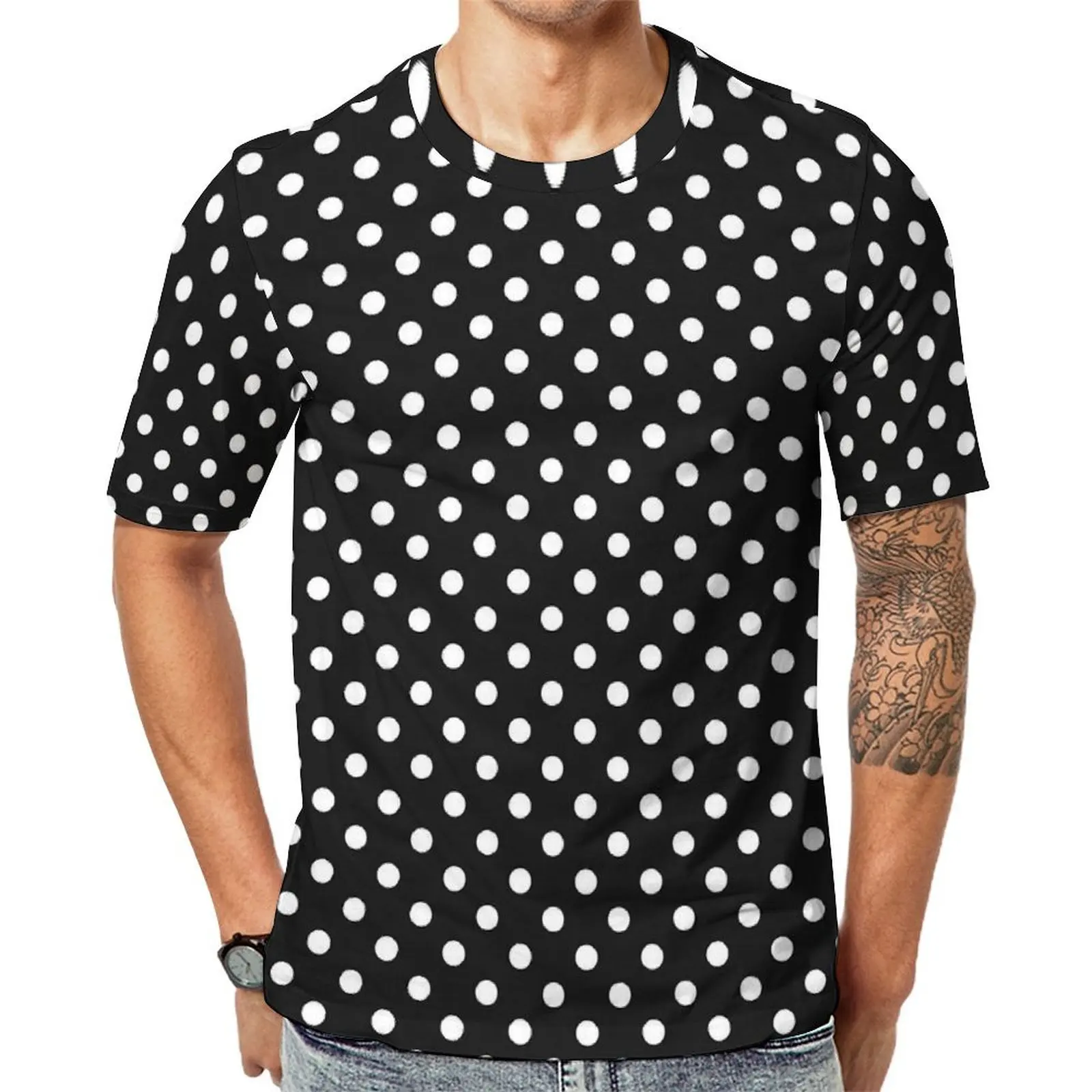 Classic Polka Dot T-Shirt Men Black And White Printed O Neck T-Shirts Beach Harajuku Clothes Short Sleeves Basic Oversized Tees