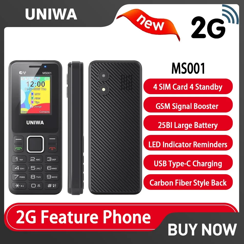 UNIWA MS001 NEW 1.77”  2G Feature Phone 4 SIM 4 Standby GSM Signal Booster 1800mAh Type-C Charging Carbon Fiber Style Back Cove