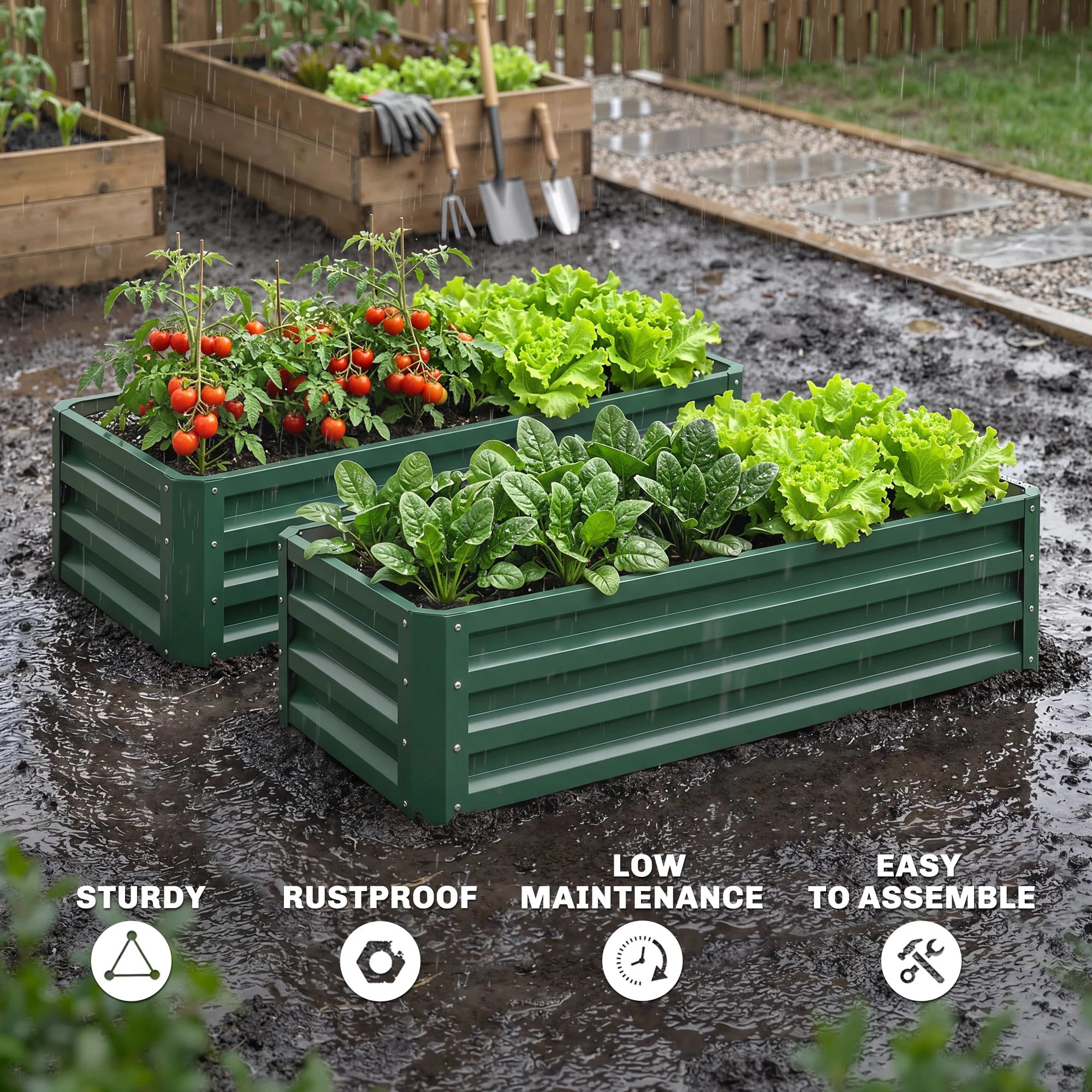 Outsunny Galvanised Raised Beds for Garden Set of 2, Outdoor Elevated Planter Box, Easy-to-assemble, Green