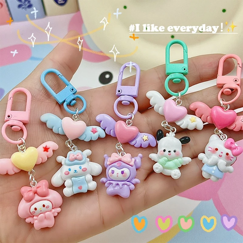 Lovely Cartoon Sanrio Keychain Cute Angel Anime Keyring Kawaii Kuromi Melody Hello Kitty Key Holder School Bag Pendant Decor