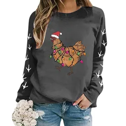 Loose Fit Festive Sweatshirts Christmas Oversize Long Sleeve Pullover Crewneck Chicken Printed Lightweight Hoodies Women