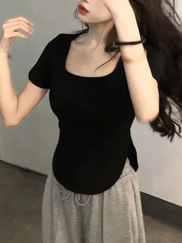 검정색 티셔츠 여성용 여자용 짧은 소매 숏 슬리브 여성용 여자용 짧은 길이 짧은 디자인 짧은 스타일 여성용 여자용 티셔츠 셔츠 티셔츠