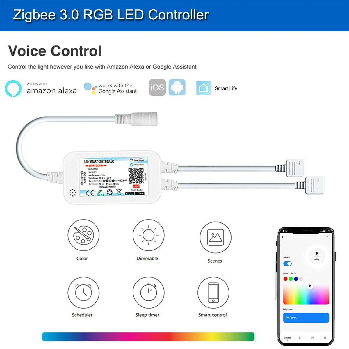 Zigbee 3.0 DC24V COB RGB LED Strip RA90 High Density Flexible LED Lights 840leds/m Home Decor for Smartthings/Tuya Zigbee/Alexa