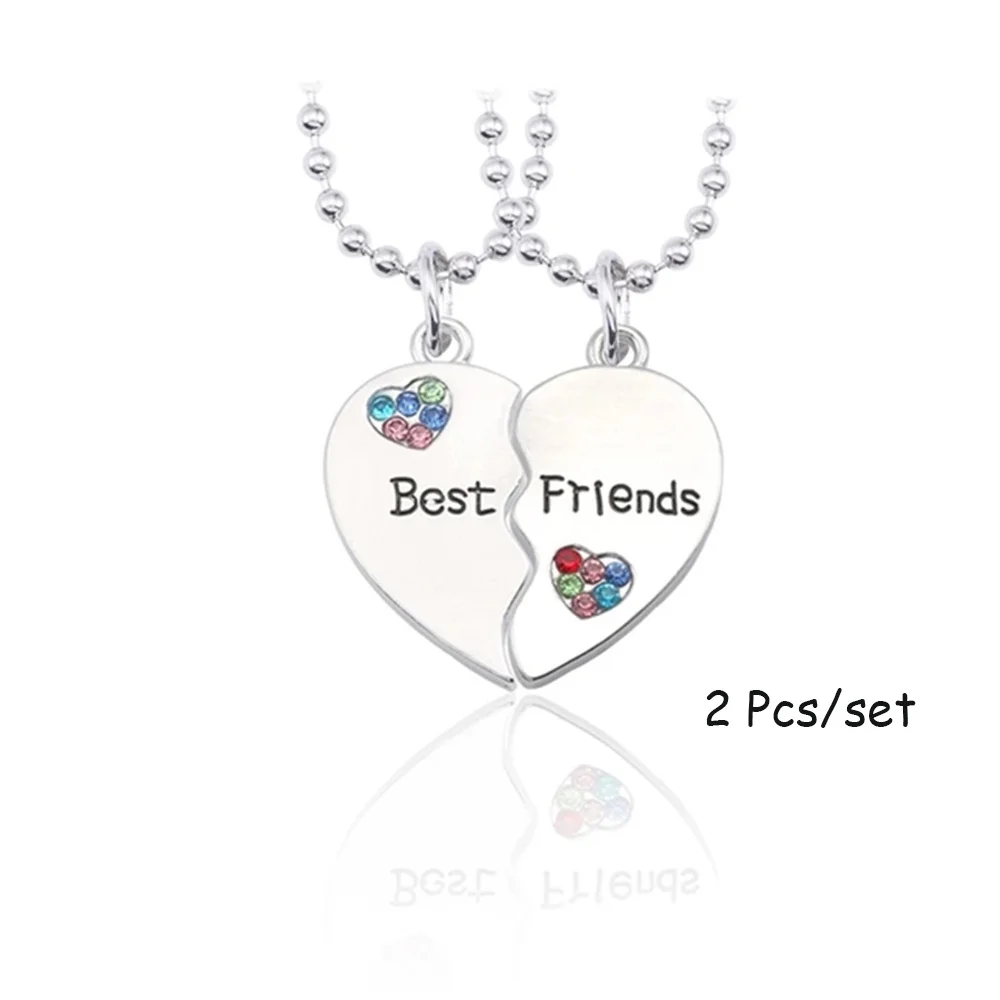 2 Pcs/set Best Friends Pendant Necklace Ful Rhinestone Love Heart Bff Necklaces Pendants Corlour Friendship Couple Necklace