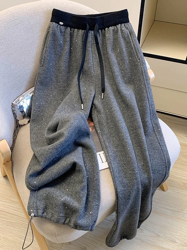 

High Waist Wide Leg Pants Glue Rhinestone Splicing Dstring Elastic Waist Sweatpants Thiened Fce Winter Casual Pants