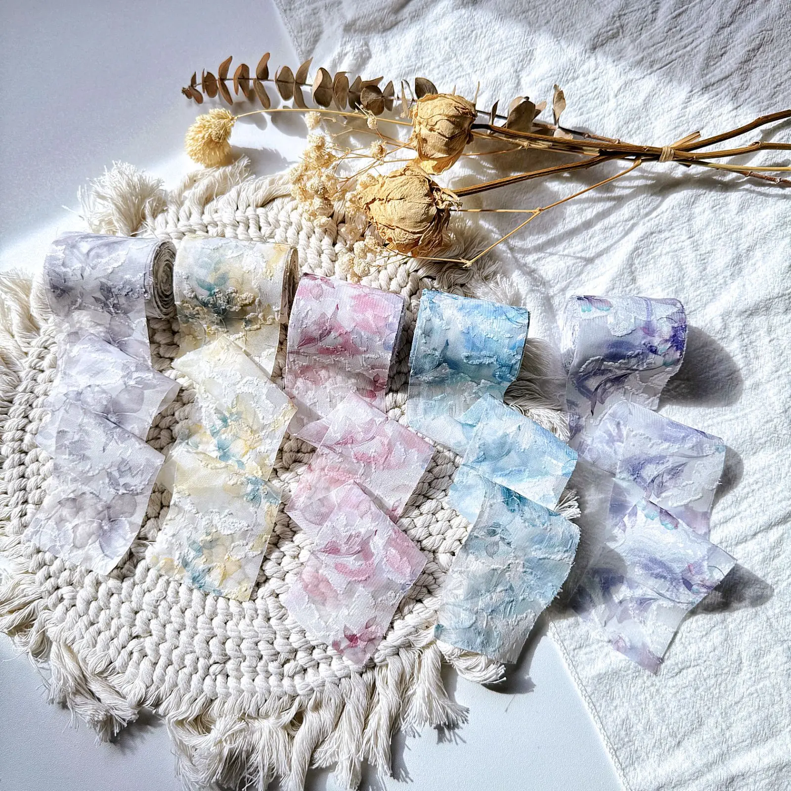 Printed Flower Silk Chiffon Ribbon Wedding Hand Torn Raw Edge Rural Wind Snow Spun Small Fresh Bouquet Ties Broken Tassel Ribbon