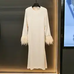 Luxury Women's Sequins Long Dresses Fur Full Sleeve Elegant Prom Evening Party Dresses White Fashion 2025 Spring Autumn Vestidos
