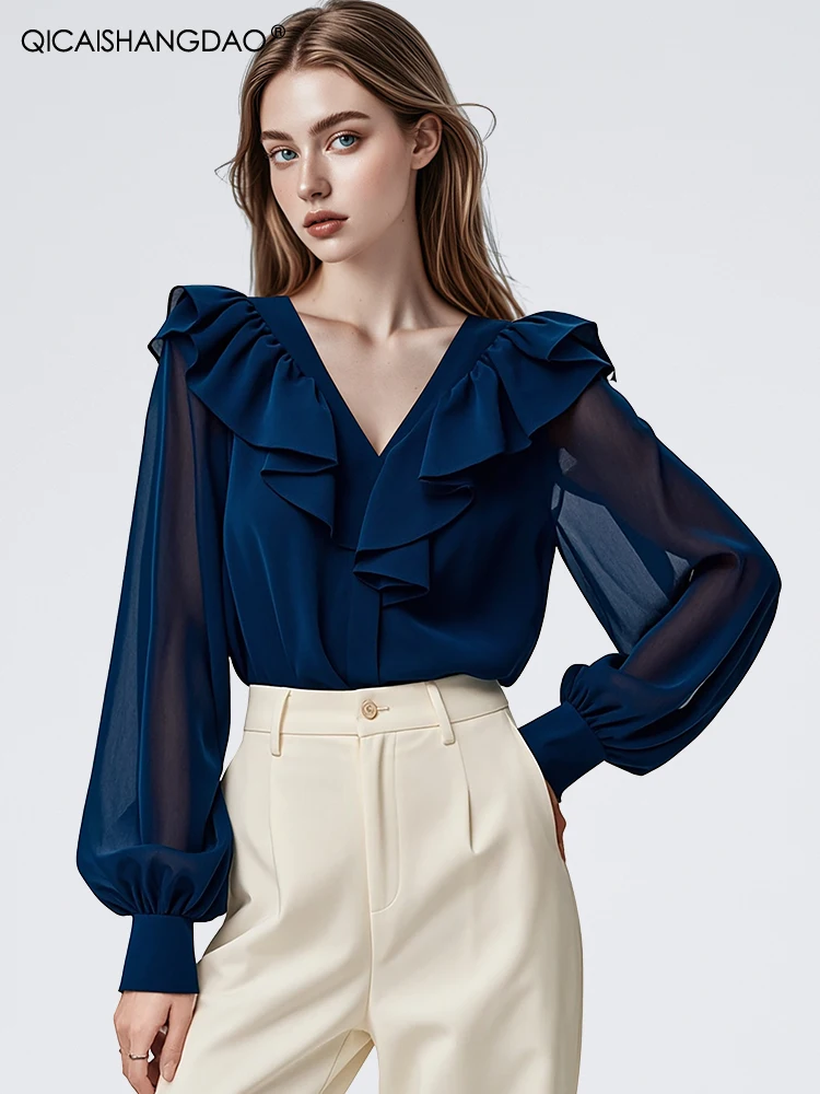 Fashion Lantern Sleeve Women Blue Satin Blouse 2024 Autumn New V-Neck Ruffles Tops Loose-fitting Plus Size Casual Party Shirts