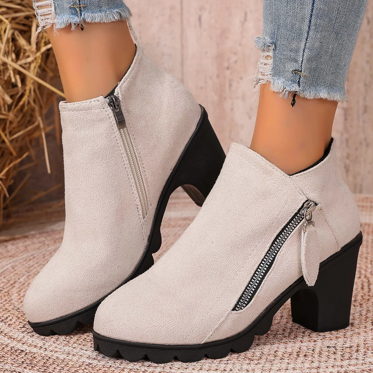 Klobige High Heels Rutschfeste Stiefeletten für Damen Trendige Leoparden-Plateau-Stiefeletten mit hohem Absatz Herbst-Stiefeletten mit seitlichem Reißverschluss Damenstiefel